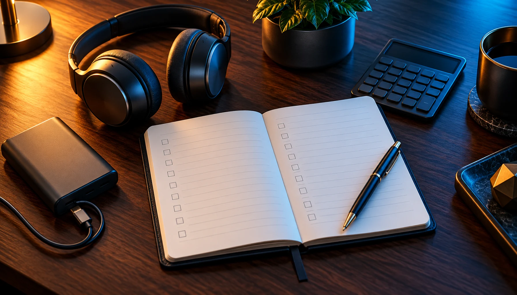 Headphones, charger and a comparison notebook on a warmly lit dark wooden desk