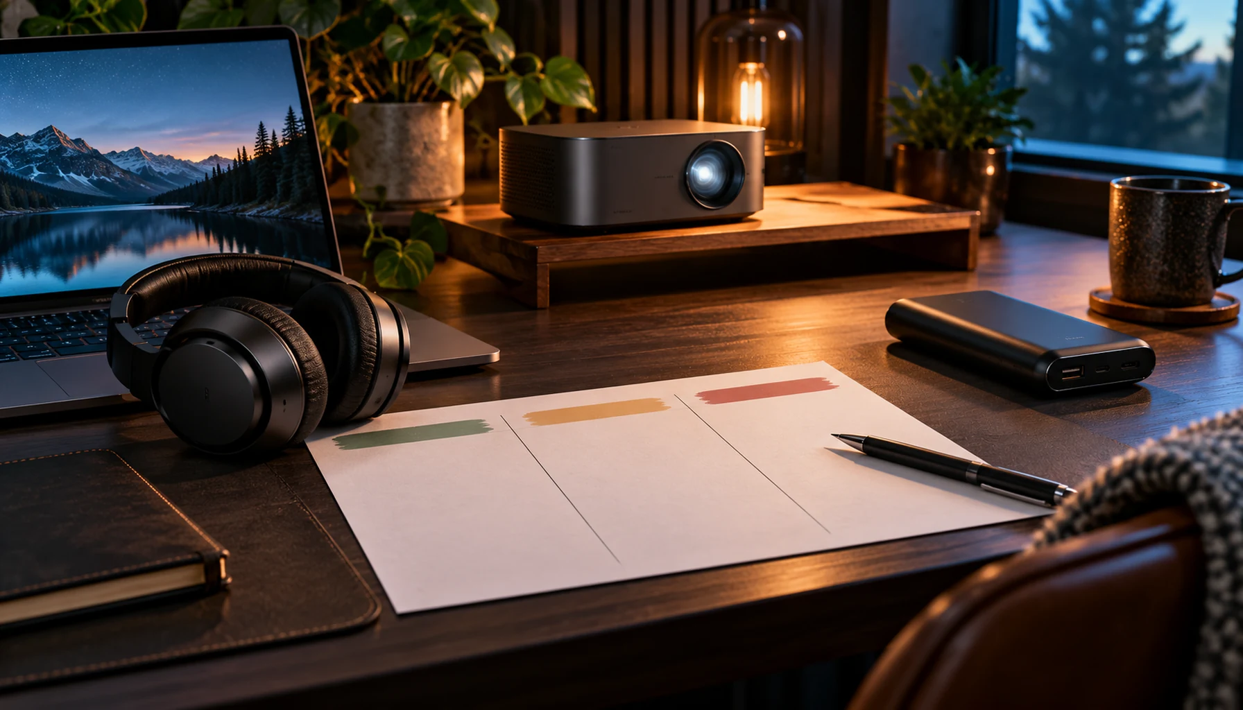 Headphones, a projector and charger arranged beside a shopping planning sheet