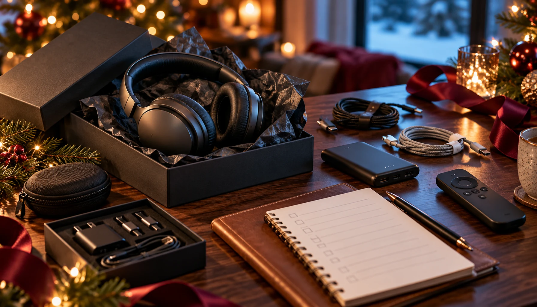 Headphones, chargers and cables arranged for a post-holiday accessory check