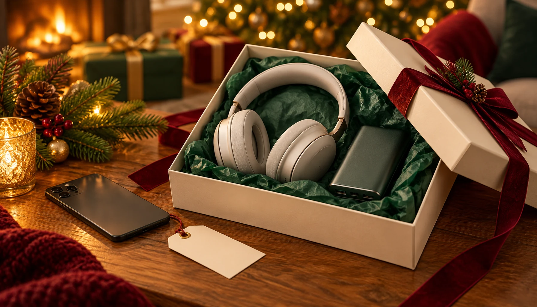 Tech gifts and evergreen branches beside softly glowing Christmas lights