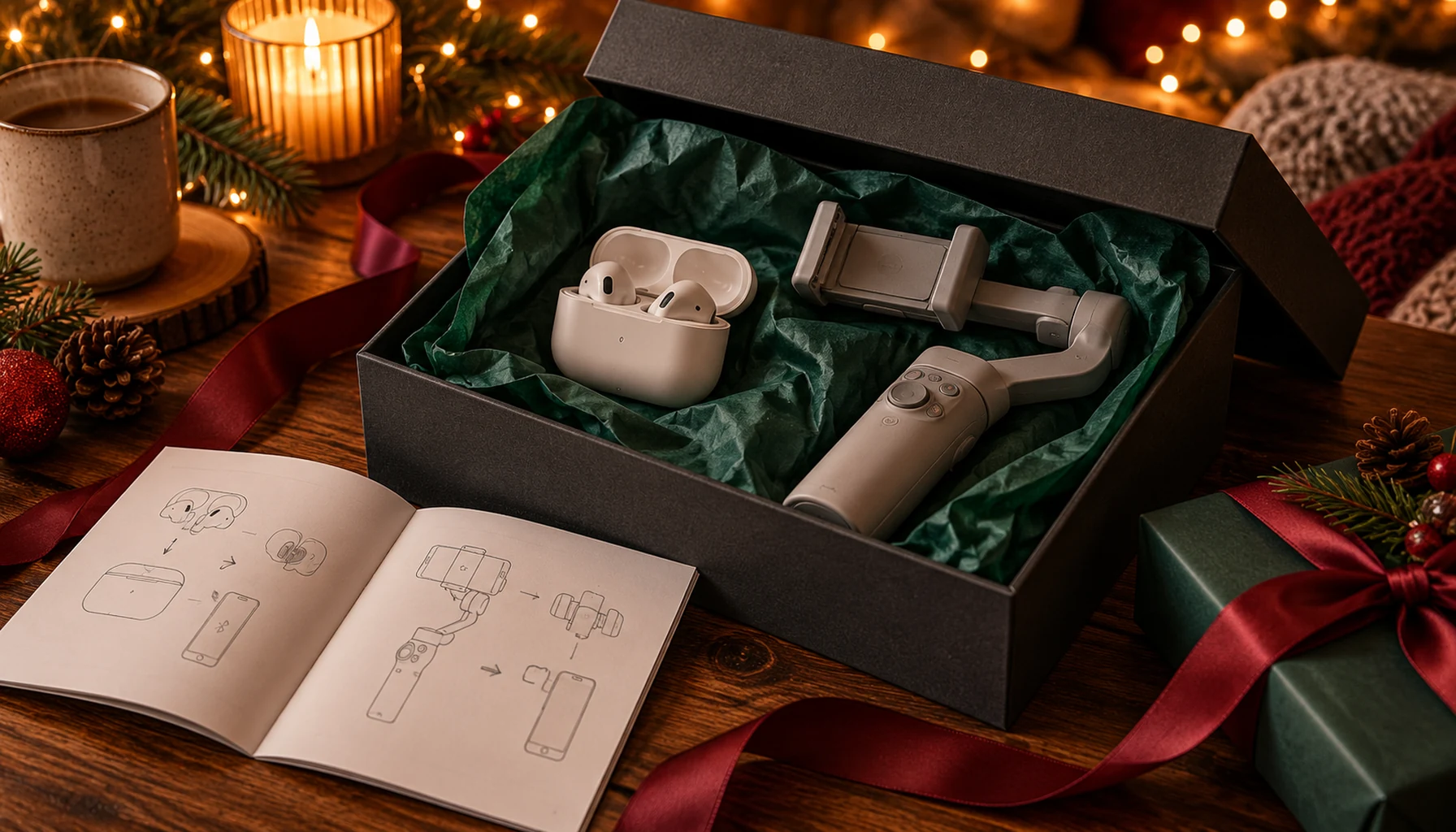 Earbuds, a phone gimbal and a setup guide beside a charcoal gift box