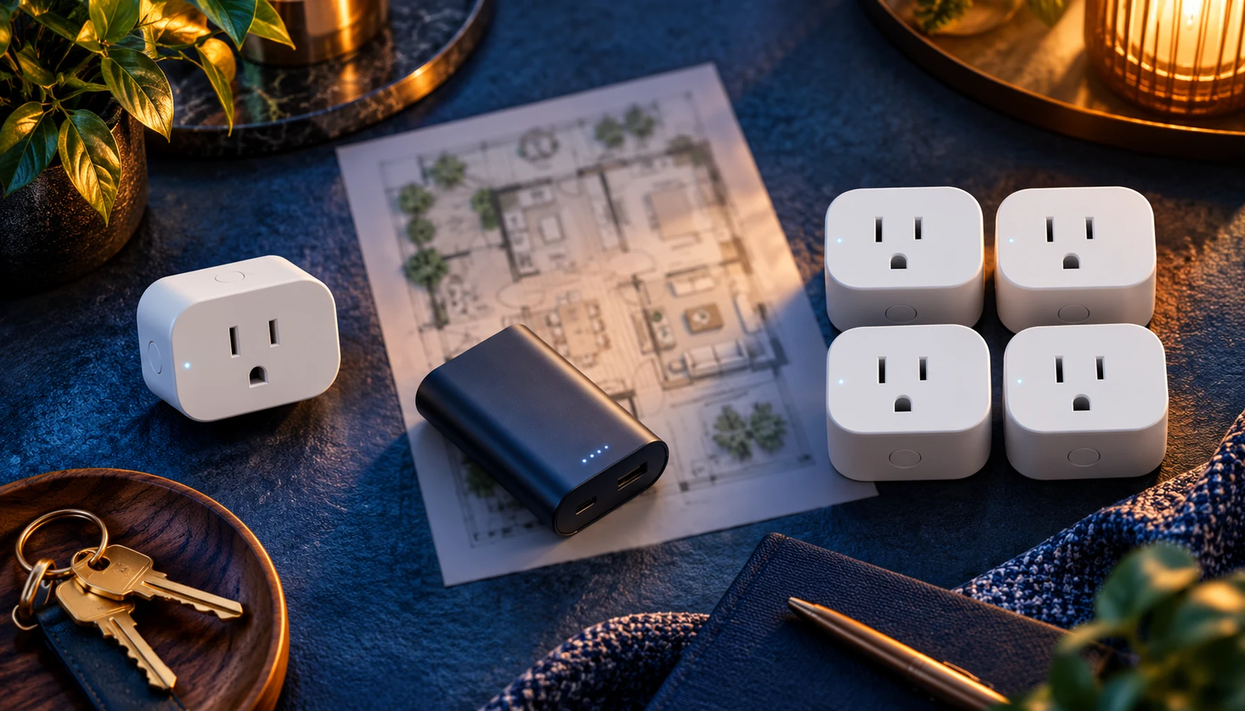 One smart plug and a group of four arranged on a deep navy desk