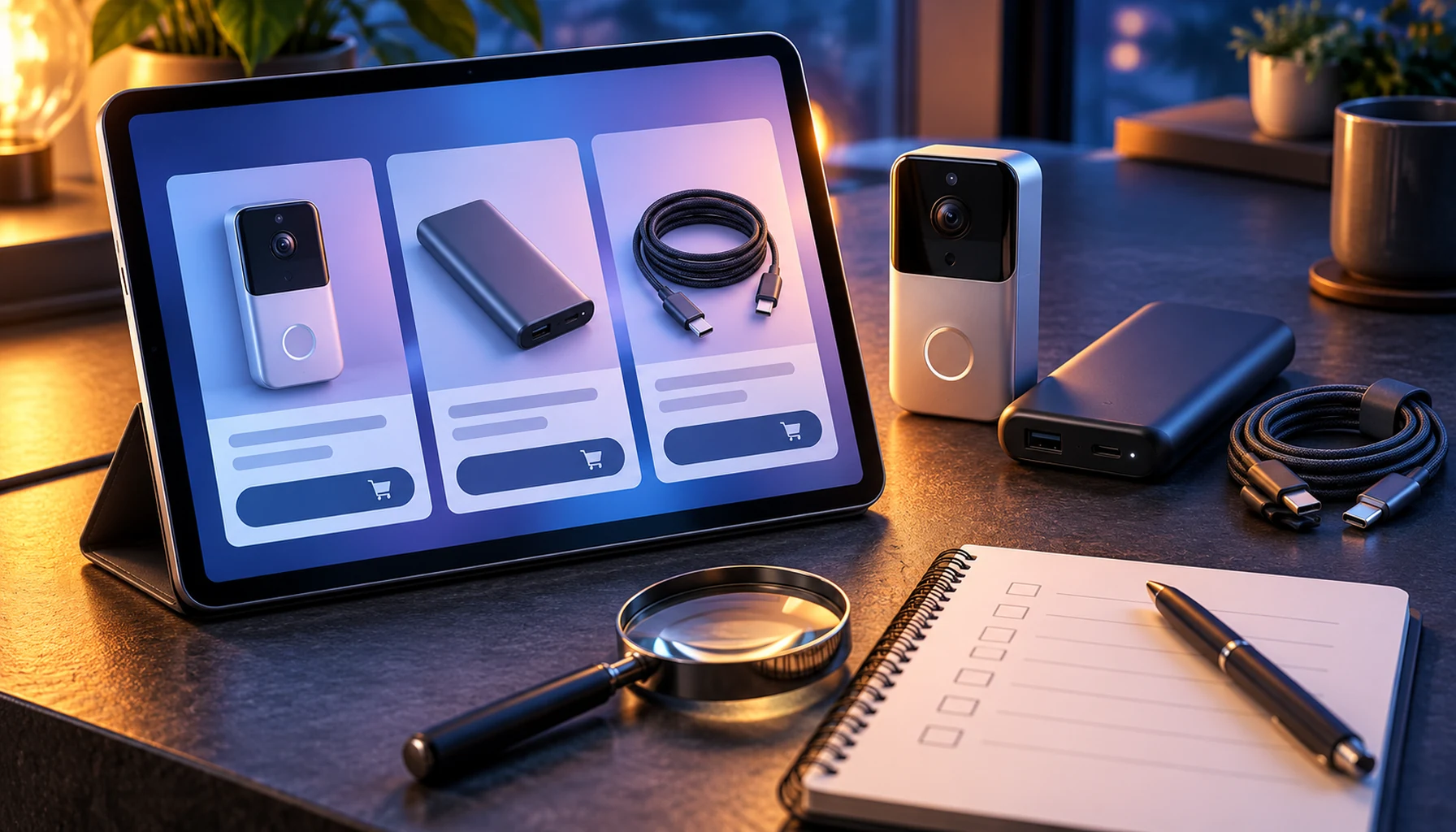 Tablet, charging accessories and a checklist on a graphite desk
