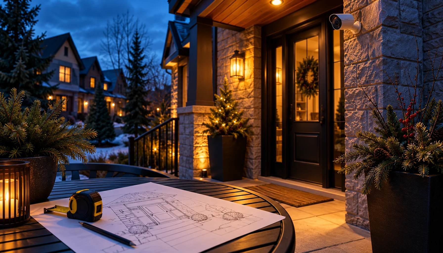 A townhouse porch camera and installation planning tools at dusk