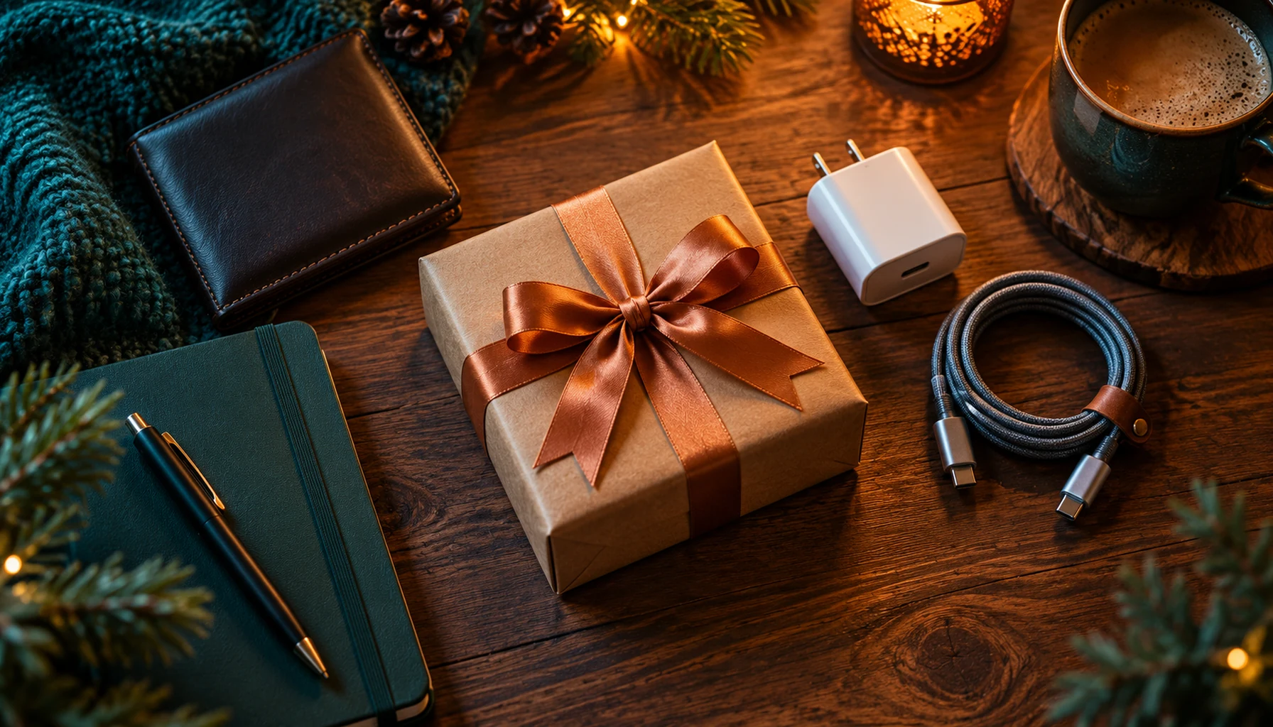 A small tech gift, charger and cable beside a kraft parcel on dark wood
