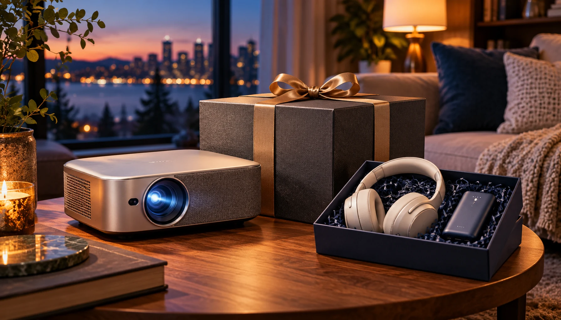 A projector gift and a smaller audio and charging kit in a cozy living room