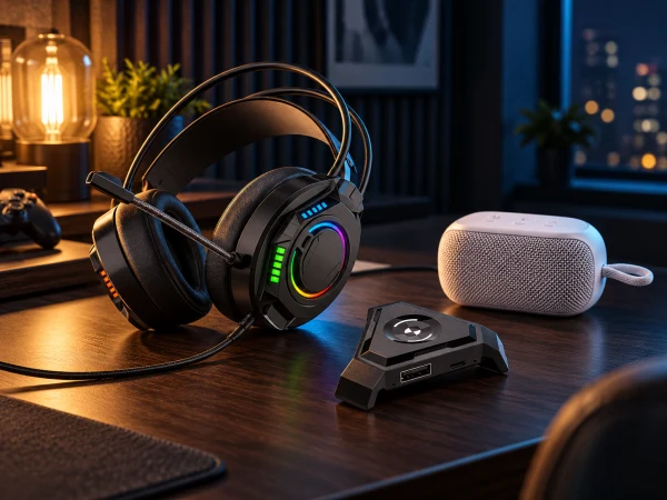 Over-ear headphones and portable audio products in an evening listening space