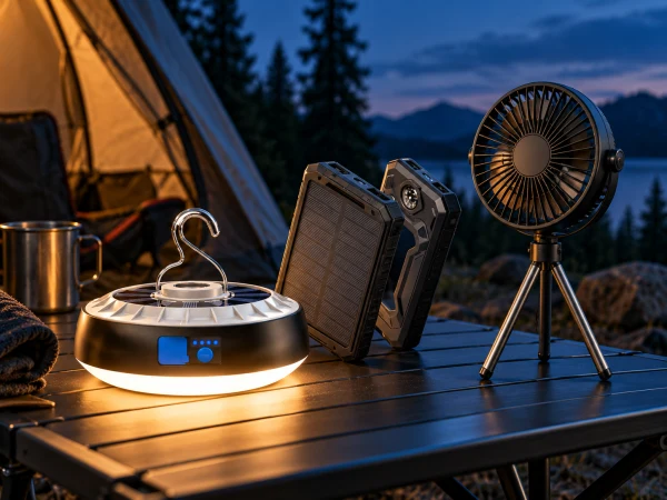 Camping lantern, solar power bank and portable fan at a lakeside campsite