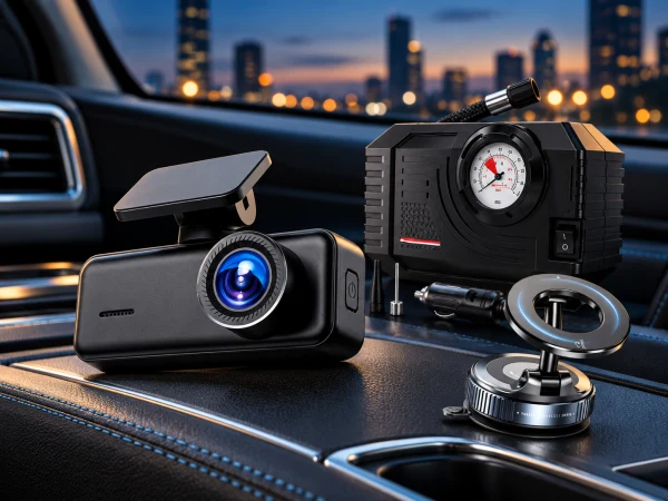 Dash camera, tire inflator and magnetic phone mount inside a parked car