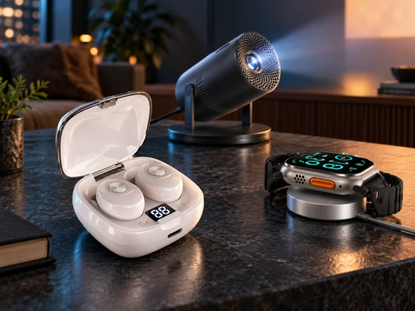 Wireless earbuds, a compact projector and smartwatch on a media console