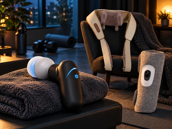 Massage gun, neck massager and leg wrap in a home recovery space