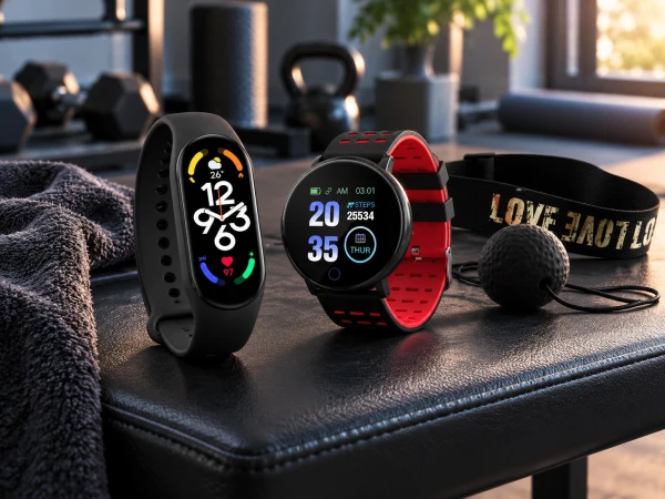 Fitness band, smartwatch and reflex ball on a home workout bench