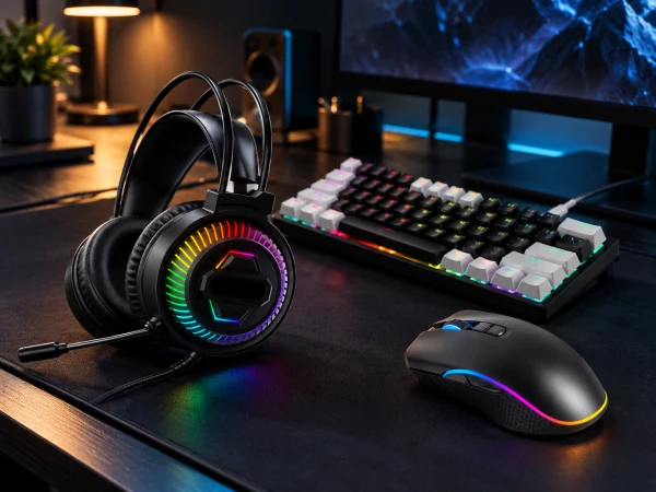Gaming headset, compact keyboard and mouse on a softly lit gaming desk