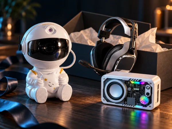Astronaut projector, headset and speaker arranged as thoughtful tech gifts