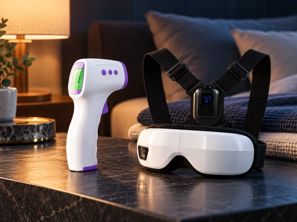 Forehead thermometer, eye massager and posture trainer in a calming bedroom