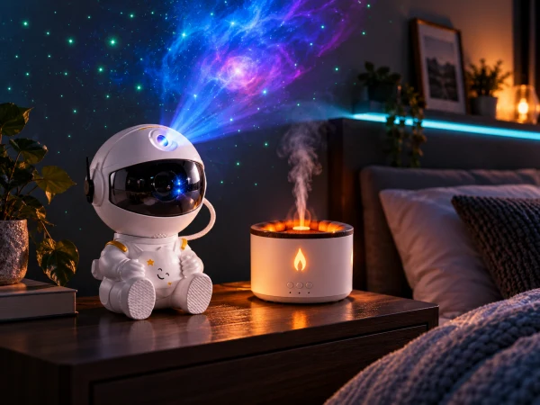Astronaut projector and flame-style humidifier in a softly lit bedroom