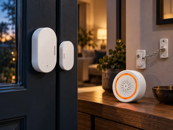 Door sensor, siren and chain alarm in a modern home entrance