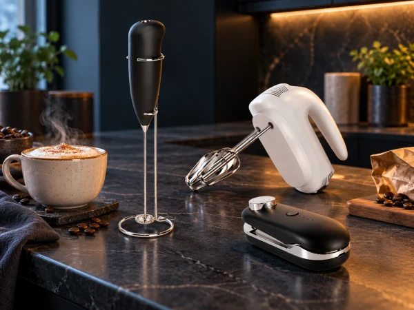 Milk frother, hand mixer and bag sealer on a contemporary kitchen counter