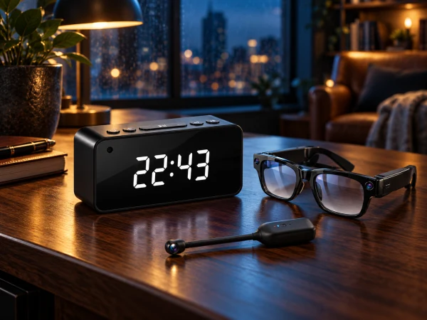 Mini cameras and camera glasses on a softly lit home-office desk