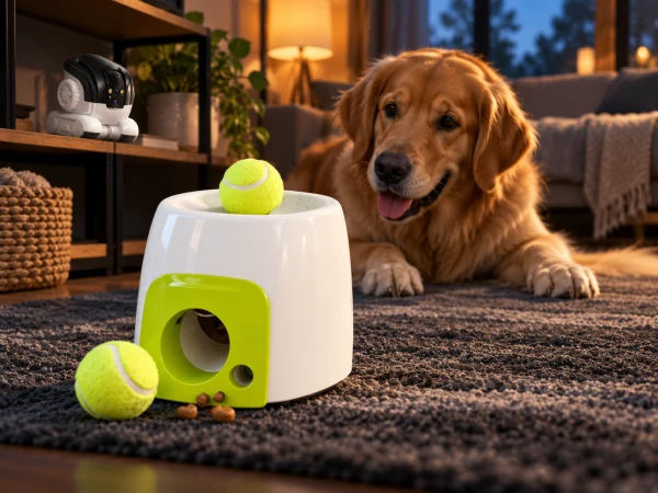 Interactive pet gadget and pet camera in a cozy living room with a dog