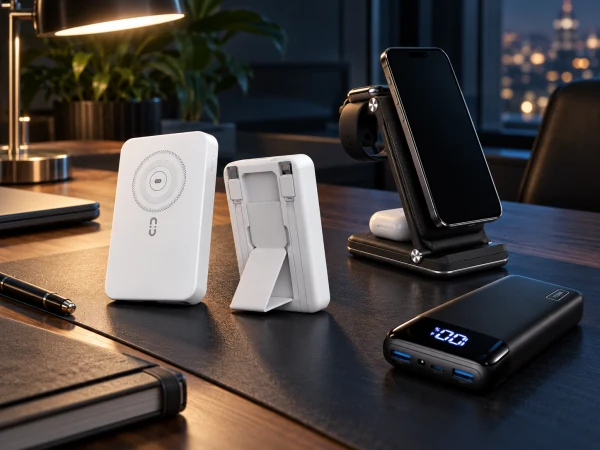 Wireless chargers and portable power banks on an evening workspace