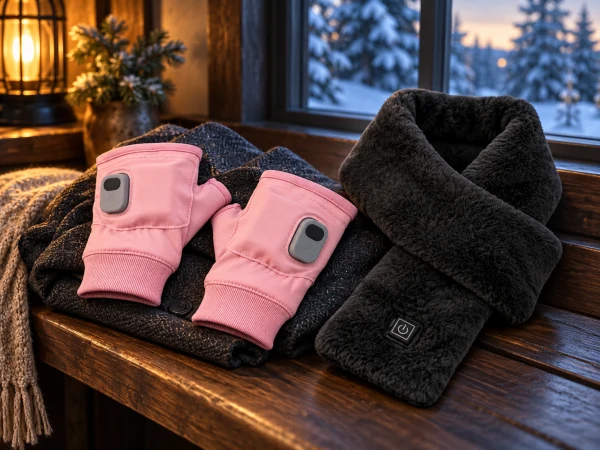 Heated gloves and a soft heated scarf beside a snowy cabin window