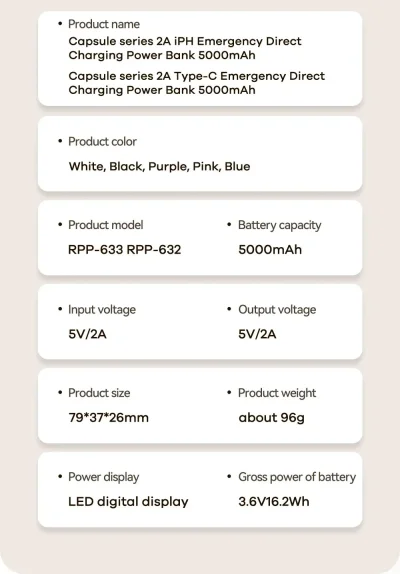 5000mAh Power Bank – Built-In Cable
