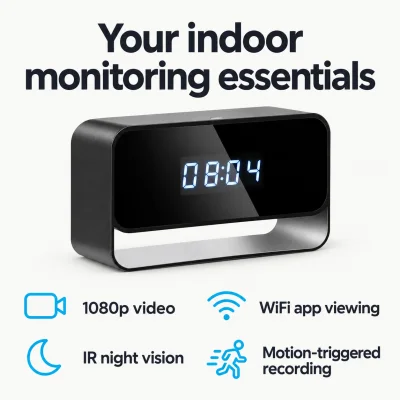 1080p WiFi Alarm Clock Camera – IR Night Vision & Motion Detection