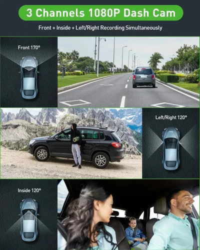 3-Channel Dash Cam – Front, Cabin & Rear Recording with Parking Mode