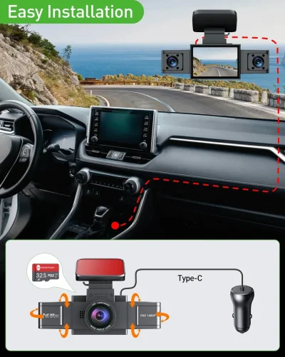 3-Channel Dash Cam – Front, Cabin & Rear Recording with Parking Mode