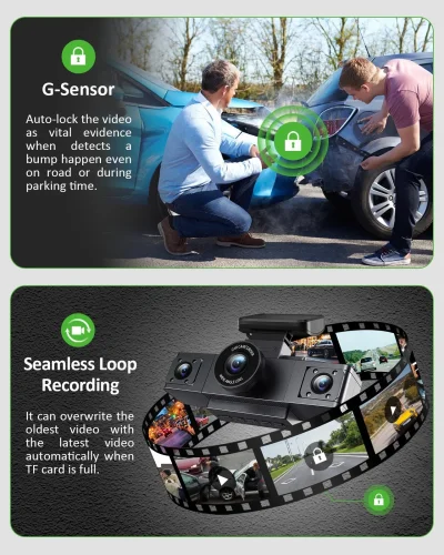 3-Channel Dash Cam – Front, Cabin & Rear Recording with Parking Mode