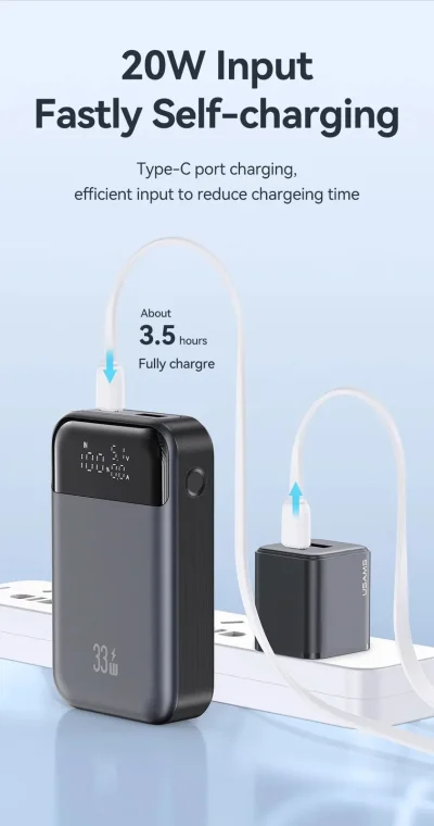 10,000mAh 33W PD Power Bank – Dual USB Fast Charging