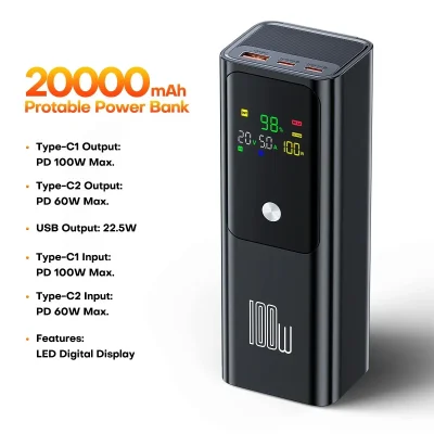 20,000mAh 100W USB-C PD Power Bank – Digital Display