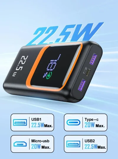 10,000mAh Power Bank – 3 Ports & 22.5W Charging