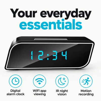 1080p WiFi Alarm Clock Camera – Night Vision & Loop Recording