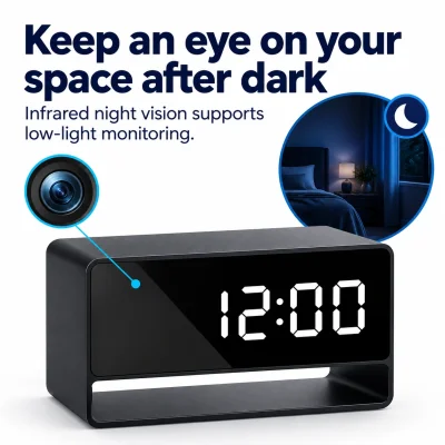 1080p WiFi Alarm Clock Camera – Night Vision & Motion Alerts
