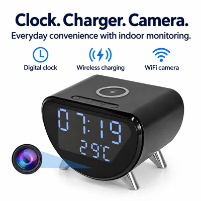 4K WiFi Clock Camera – Wireless Charging, Night Vision & Motion Alerts