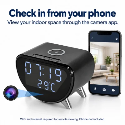 4K WiFi Clock Camera – Wireless Charging, Night Vision & Motion Alerts