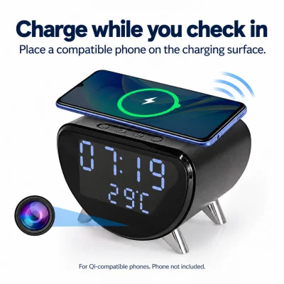 4K WiFi Clock Camera – Wireless Charging, Night Vision & Motion Alerts
