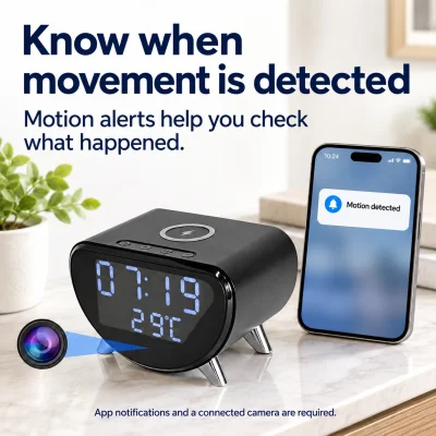 4K WiFi Clock Camera – Wireless Charging, Night Vision & Motion Alerts