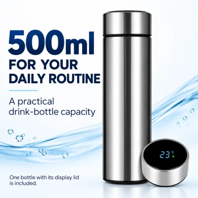 500ml LED Temperature Display Bottle – Silver Vacuum Flask