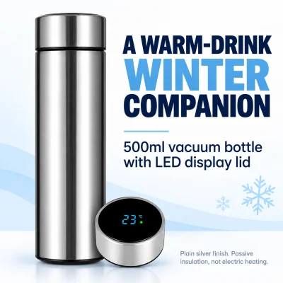 500ml LED Temperature Display Bottle – Silver Vacuum Flask