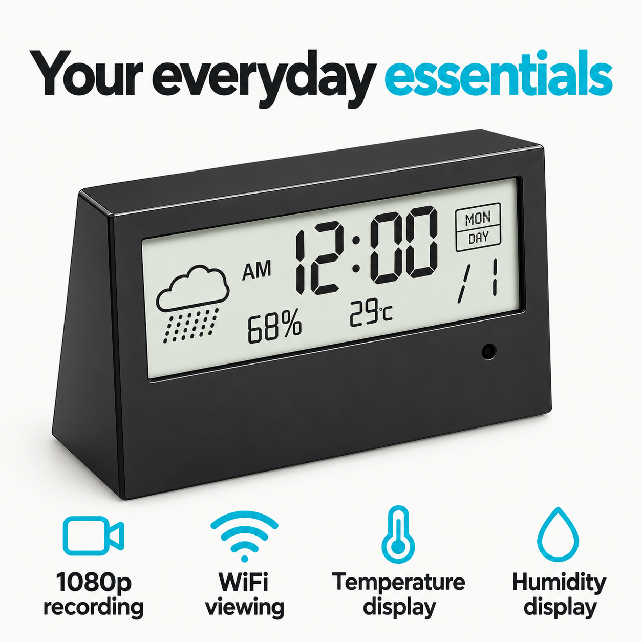 1080p WiFi Alarm Clock Camera – Temperature & Humidity Display