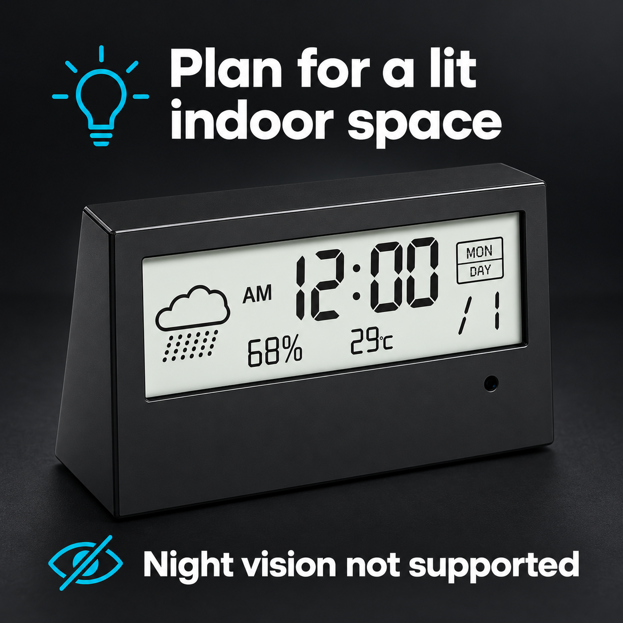 1080p WiFi Alarm Clock Camera – Temperature & Humidity Display