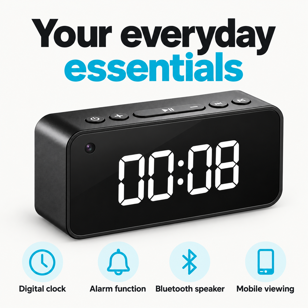 Digital Clock Camera – Alarm, Bluetooth Speaker & Remote Viewing