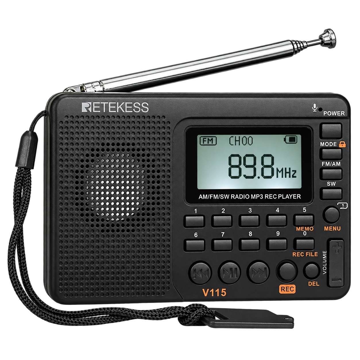 Retekess V115 Portable AM/FM/SW Radio — Rechargeable, MP3 & Recording
