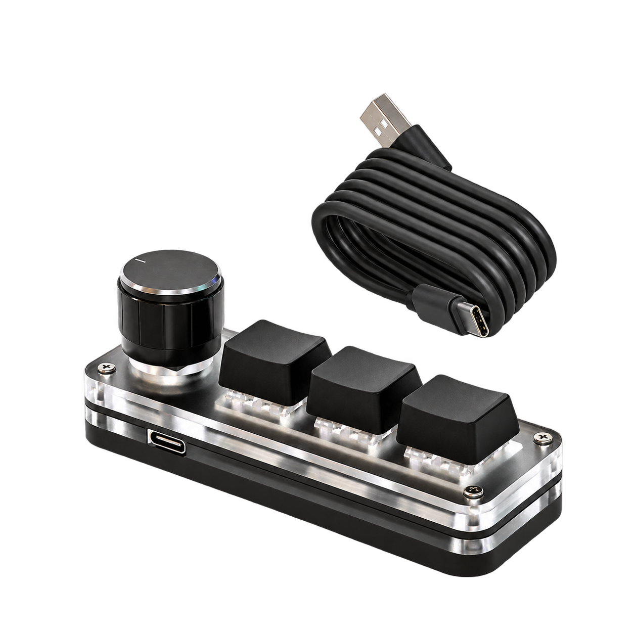 3-Key USB Macro Keypad with Rotary Knob — Black, Red Switches & RGB