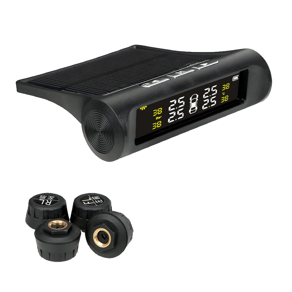 Solar Tyre Pressure Monitor — Dashboard Display & 4 External Sensors