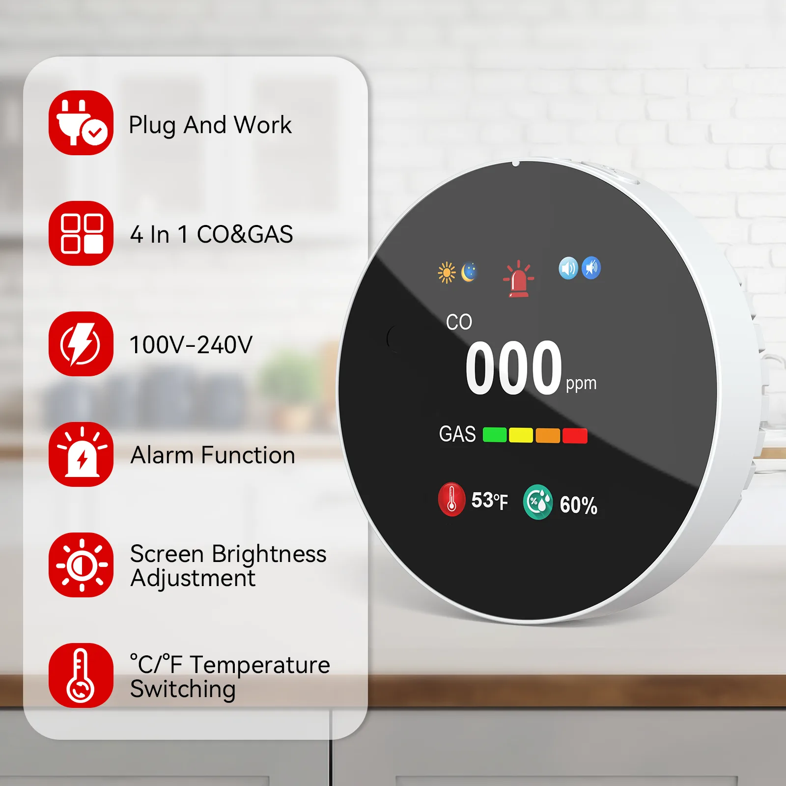Combination Gas&Carbon Monoxide Detector 4-in-1 Natural Gas Leak&CO Alarm with Temperature&Humidity for Home security protection